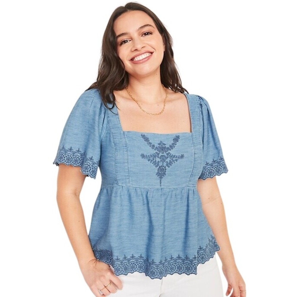 Old Navy Women's XL Chambray Babydoll Top Puff Sleeve Eyelet Embroidery